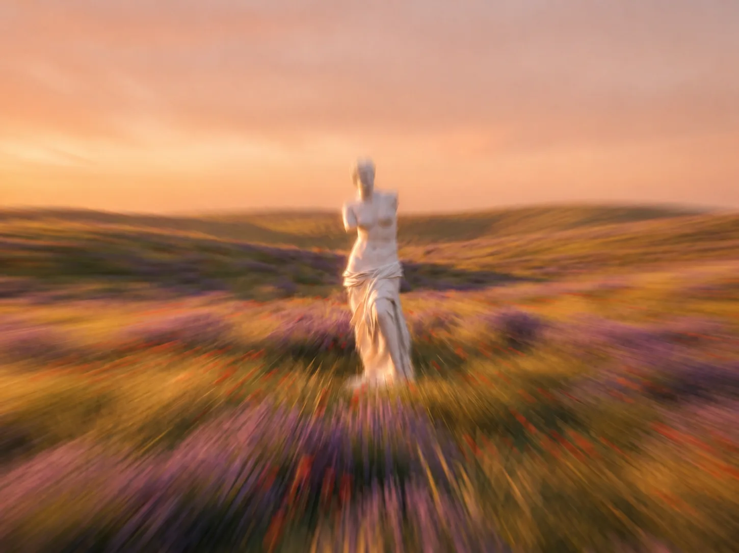 Sunlit rolling green hills with soft focus wildflowers and grass in the foreground.